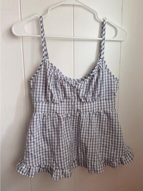 SHEIN Gray Gingham Ruffle-Hem Tank Top